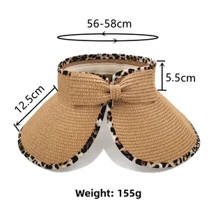 Detailed view of straw sun hat with leopard trim showing dimensions 56-58cm and 12.5cm brim