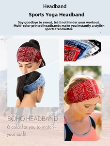 Detail of high-elasticity boho paisley headbands in six colors for yoga and fitness