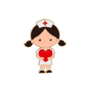 Cartoon nurse metal enamel brooch with red heart and gold trim for medical gifts