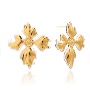 Elegant 18K gold plated stainless steel flower earrings with white enamel finish