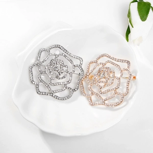 Elegant rose brooch pins set in gold and silver finish with sparkling crystal rhinestones