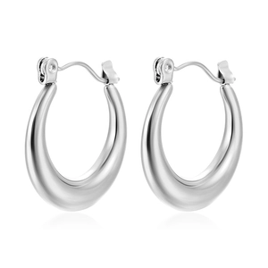 Pair of silver teardrop stud earrings with a minimalist C-shape geometric metal design