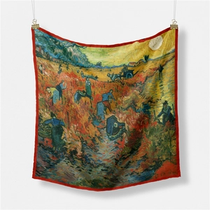 Detail showing Van Gogh Red Vineyard oil painting reproduction on silk square scarf