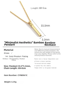 Detailed size specifications for gold bamboo pendant necklace with measurements in millimeters