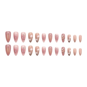 Pink gradient almond press-on nails with stars and rhinestone accents in 24-piece set