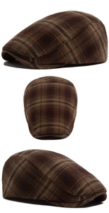Detailed views of brown plaid ivy cap showing premium wool fabric and British style