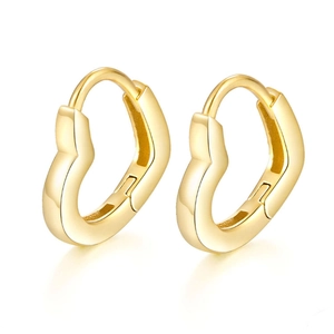 Polished golden heart-shaped 925 silver hoop earrings on a clean white background