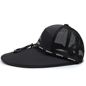 Detail of outdoor sun hat featuring mesh panels for ventilation and mountain logo embroidery