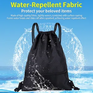 Waterproof black nylon drawstring backpack with reinforced ropes and front zipper pocket