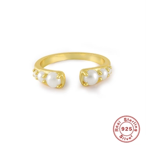 Elegant geometric S925 sterling silver open ring with six polished white pearls