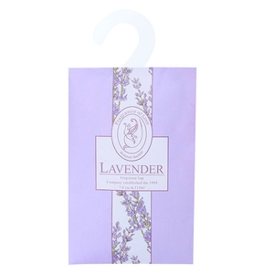 Close-up of lavender scented sachet with hanging hook and aromatic botanical design