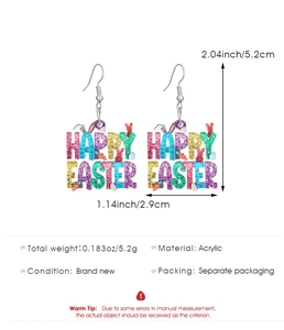 Detailed view of Happy Easter acrylic earrings with size and weight measurements