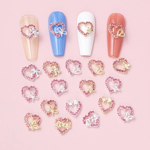Heart Nail Art Charms Alloy Pink Rhinestone Hollow Butterfly Bow Love Manicure DIY Accessories