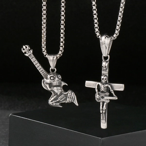 Gothic punk guitar and cross skeleton pendants in silver finish for men
