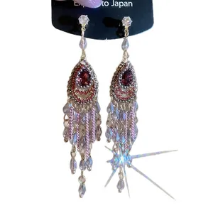 Sparkling waterdrop crystal tassel earrings with red stone in vintage bohemian style