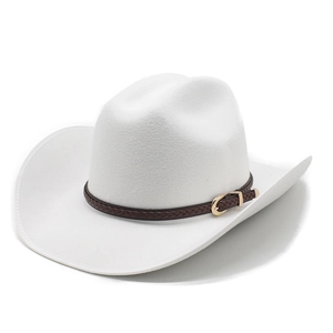 Close-up of white felt cowboy hat featuring brown braided band and gold buckle detail