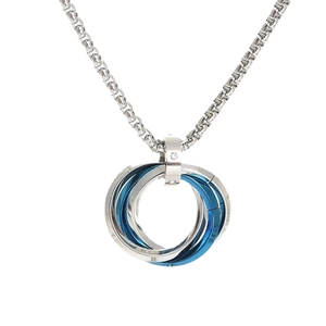 Interlocked silver and blue titanium steel rings pendant on a square link chain necklace