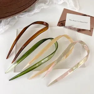Vintage U Shaped Hair Stick Acetate Acrylic Hairpin Retro Marble Pattern Elegant Bun Hair Fork Styling Accessory For Women