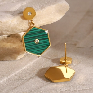 Golden hexagonal drop earrings with malachite texture and small zircon accents