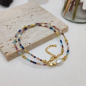 Handmade natural stone beaded necklace with freshwater pearl and gold plated clasp