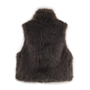 Deep brown faux fur vest with high collar and plush texture shown from back view