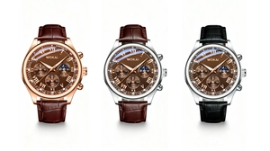 Three multi-functional quartz watches with leather straps and Roman numeral dials
