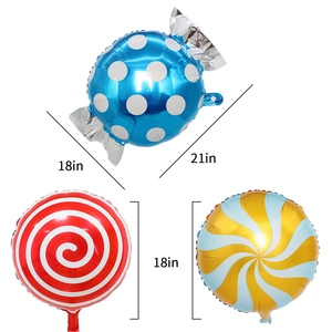 Lollipop foil balloons in blue and red with 18 and 21 inch size measurement details