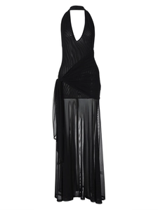 Sexy black halter maxi dress with hollow-out deep V-neck, waist tie, and mesh panel details