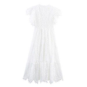 Abito midi elegante in pizzo bianco con maniche a farfalla e motivi floreali traforati