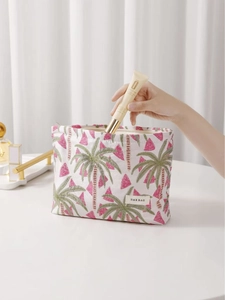 Watermelon and palm tree jacquard fabric cosmetic bag with zipper and logo label