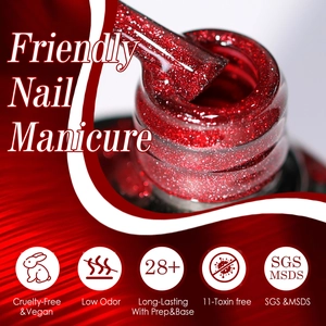 Macro shot of red cat eye nail gel brush with fine glitter and vegan formula details