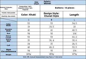 Detailed size chart for khaki tweed jacket including bust, length, and fabric composition