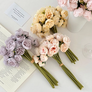 Artificial 27-head tea rose bouquet in beige purple and pink for home decor