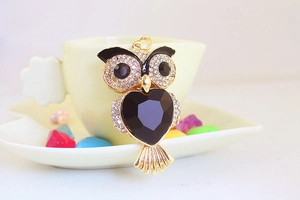 Macro shot of owl keychain pendant with black heart crystal and sparkling rhinestones