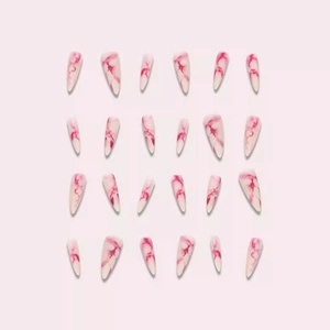 24pcs long stiletto press-on nails with rose red marble ink pattern on creamy white base