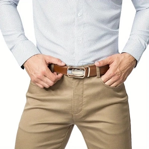 Men's brown leather belt with gold and silver automatic metal buckle on white background