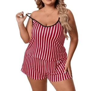 Women's plus size red striped pajama set with camisole top and shorts on white background