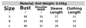 Size chart for contrast knit short sleeve top with chest, shoulder and length measurements