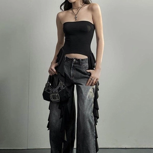 Haut Tube Femmes Volant Asymétrique Longues Lanières Sans Bretelles Slim Fit Streetwear Y2K Noir Satin De Lait