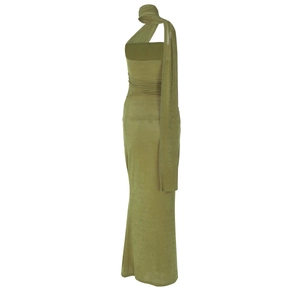Detail view of the back of a slim-fit olive green maxi dress with long scarf streamers