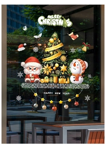 Detail view of festive Santa and snowman glass window stickers on a shop front display