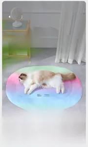 Rainbow gradient pet cooling mat with fluffy cat showing instant cooling effect for summer