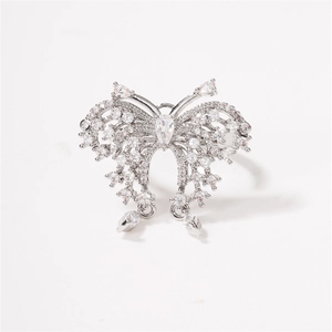 Silver butterfly open ring with sparkling zircon stones and dangling droplets charms