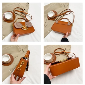 Detailed views of caramel brown crossbody bag with herringbone contrast flap and metal V buckle