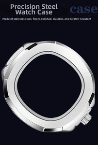 Close-up of polished stainless steel square watch case with precision dial knob cutout