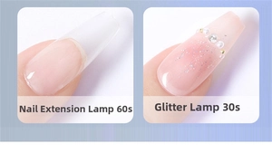 Detail showing nail extension step and final rhinestone decoration with lighting times