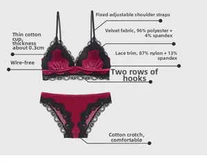 Détail du soutien-gorge en velours rouge sans armature avec bonnets fins de 0,3 cm