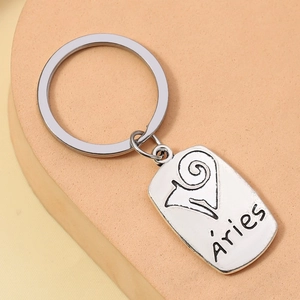 Polished silver alloy Aries zodiac keychain with rectangular pendant and flat ring