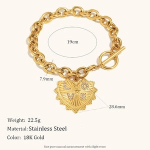 18K gold plated stainless steel heart pendant bracelet with OT toggle and LOVE charm