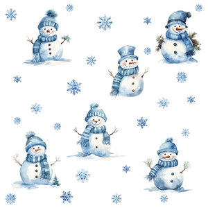 Watercolor Christmas snowman wall stickers with blue hats and snowflakes on white background